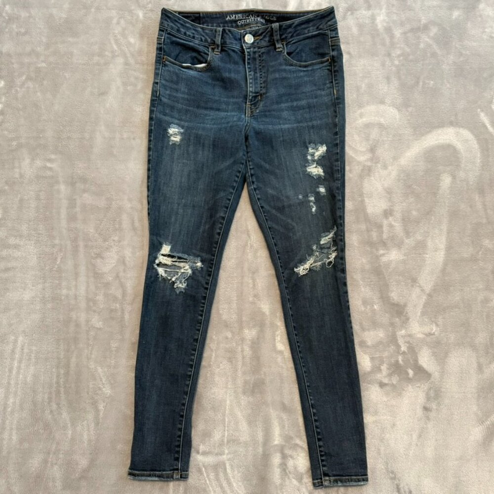 American Eagle High-Rise Distressed Skinny Jeggings Size 8 Blue Wash Ripped